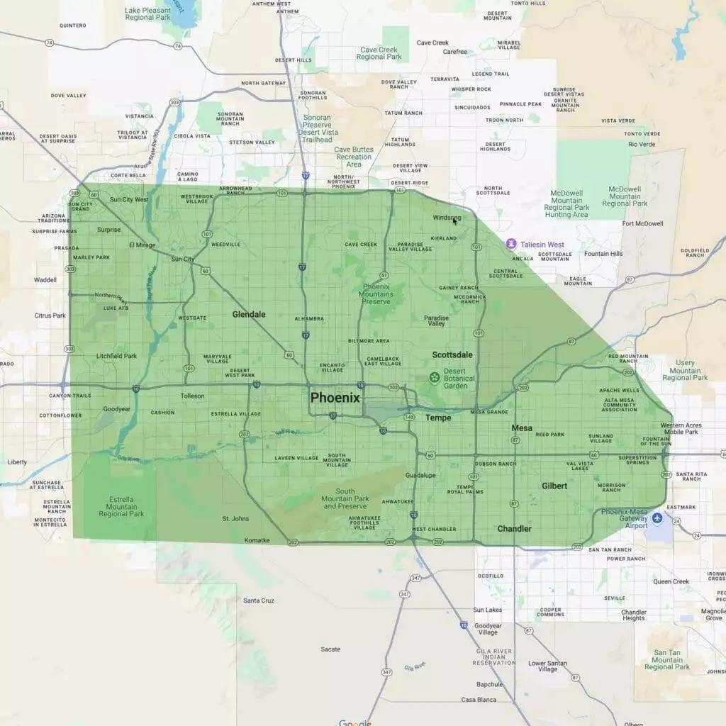 Phoenix, Arizona service area for Same Day Windshield